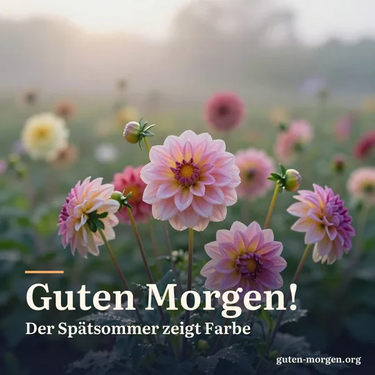 Bunte Dahlien in einem Bauerngarten bei Sonnenaufgang im Spätsommer, Tautropfen auf den Blüten; Schrift: „Guten Morgen! Der Spätsommer zeigt Farbe“