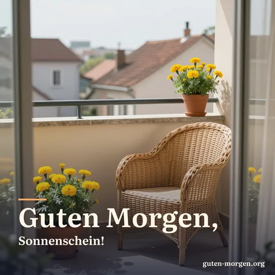 Sonniger Balkon mit Korbsessel und Töpfen voller gelber Studentenblumen, Blick über alte Dächer; Schrift: „Guten Morgen, Sonnenschein!“