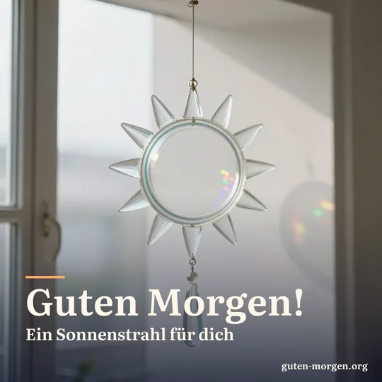 Ein gläserner Sonnenfänger hängt im Fenster und wirft kleine Regenbogenpunkte an eine weiße Wand; Schrift: „Guten Morgen! Ein Sonnenstrahl für dich“