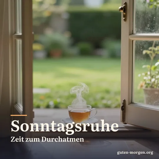 Dampfende Tasse Tee auf der Schwelle einer offenen Gartentür, dahinter ein stiller grüner Rasen im Morgenlicht; Schrift: „Sonntagsruhe Zeit zum Durchatmen“