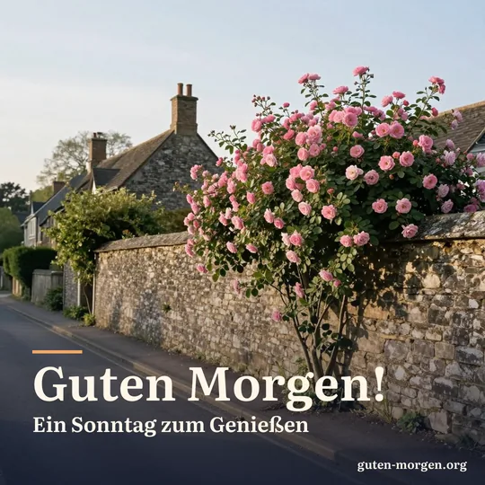 Alte Steinmauer mit rosa Kletterrosen an einer stillen Dorfgasse im frühen Morgenlicht; Schrift: „Guten Morgen! Ein Sonntag zum Genießen“