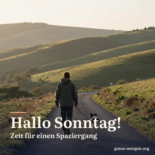 Spaziergänger mit Hund von hinten auf einem Weg durch sanfte Hügel bei Sonnenaufgang; Schrift: „Hallo Sonntag! Zeit für einen Spaziergang“