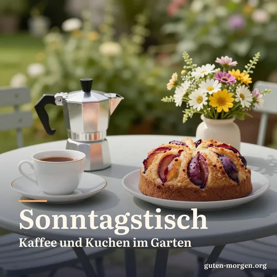 Gartentisch mit Kaffeekanne, Pflaumenkuchen und einem kleinen Strauß Gartenblumen in der Morgensonne; Schrift: „Sonntagstisch. Kaffee und Kuchen im Garten“