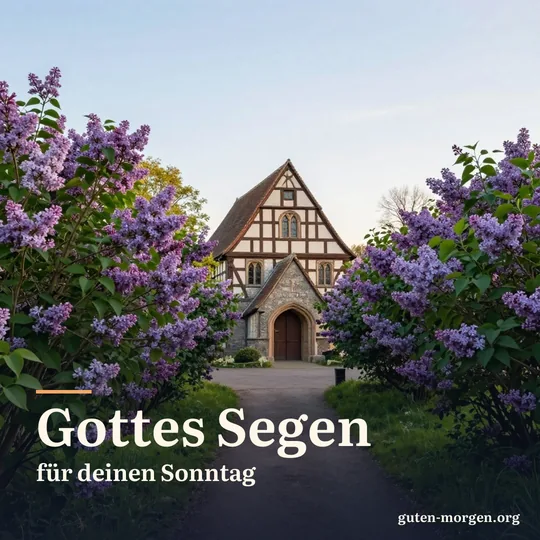 Weg zwischen blühenden Fliederbüschen, der zu einer kleinen Fachwerkkirche in der Morgensonne führt; Schrift: „Gottes Segen für deinen Sonntag“