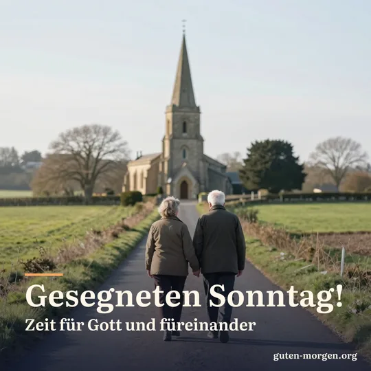 Ein älteres Paar, von hinten gesehen, geht Hand in Hand auf einem Landweg zu einer fernen Kirche an einem sonnigen Sonntagmorgen; Schrift: „Gesegneten Sonntag! Zeit für Gott und füreinander“