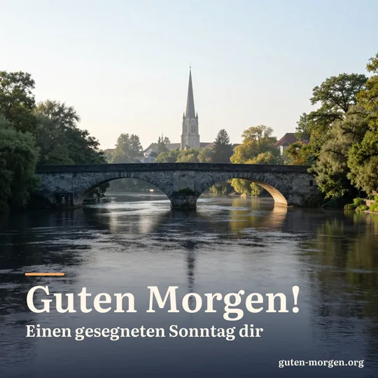 Morgensonne über einem ruhigen Fluss mit alter Steinbogenbrücke, in der Ferne ragt ein Kirchturm hinter den Bäumen auf; Schrift: „Guten Morgen! Einen gesegneten Sonntag dir“