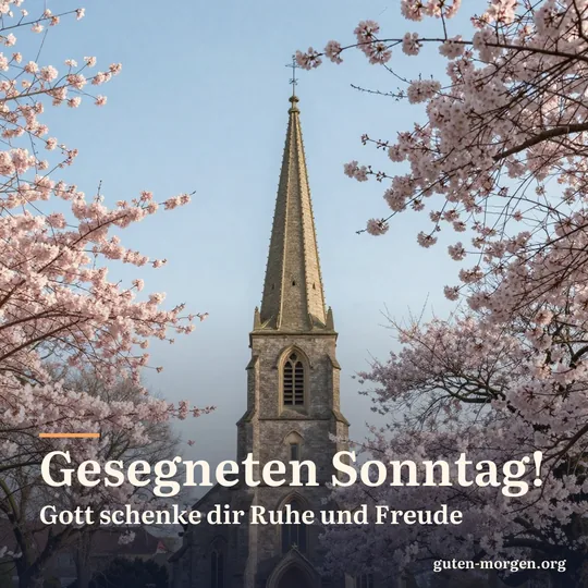 Der Turm einer kleinen Dorfkirche, eingerahmt von den Zweigen eines blühenden Kirschbaums im weichen Sonntagmorgenlicht; Schrift: „Gesegneten Sonntag! Gott schenke dir Ruhe und Freude“
