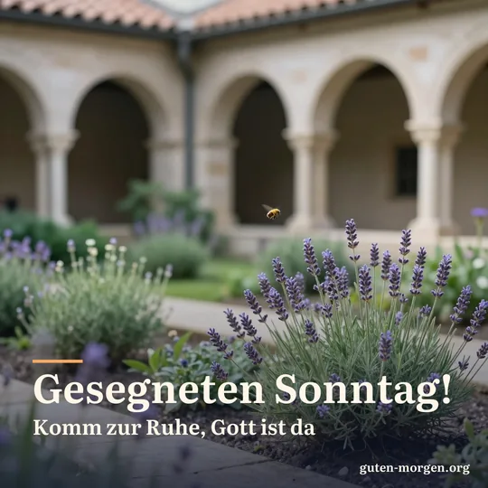 Stiller Klostergarten mit Kräuterbeeten und steinernem Kreuzgangbogen im weichen Morgenlicht, eine Biene über einem Lavendelbusch; Schrift: „Gesegneten Sonntag! Komm zur Ruhe, Gott ist da“