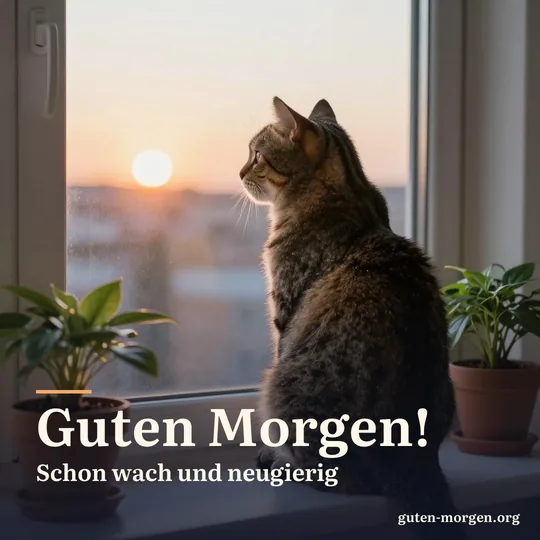 Getigerte Katze sitzt auf der Fensterbank und schaut in den Sonnenaufgang, warmes Licht auf dem Fell; Schrift: „Guten Morgen! Schon wach und neugierig“