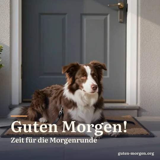 Border Collie liegt in der Morgensonne auf der Fußmatte und schaut zur Haustür, daneben die Leine; Schrift: „Guten Morgen! Zeit für die Morgenrunde“