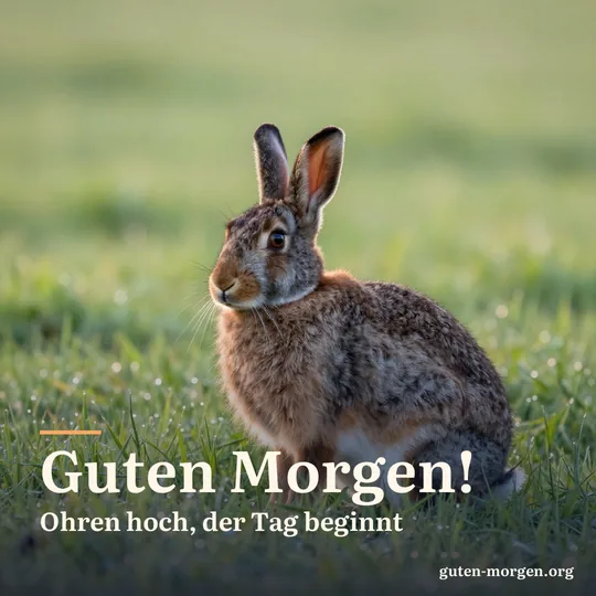 Wildkaninchen sitzt mit aufgestellten Ohren im taunassen Gras am Wiesenrand bei Sonnenaufgang; Schrift: „Guten Morgen! Ohren hoch, der Tag beginnt“