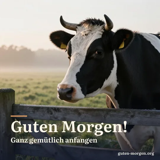 Schwarz-weiße Kuh schaut bei Sonnenaufgang über ein hölzernes Weidegatter, Tau auf dem Gras; Schrift: „Guten Morgen! Ganz gemütlich anfangen“