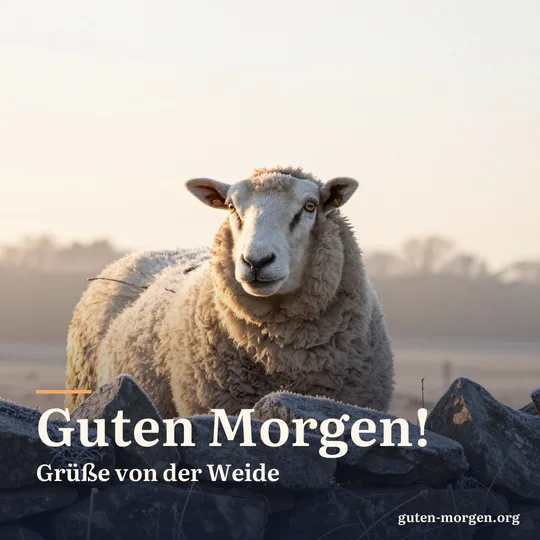 Ein Schaf schaut über eine bereifte Natursteinmauer, die Sonne geht auf; Schrift: „Guten Morgen! Grüße von der Weide“