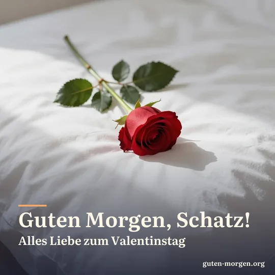 Eine rote Rose liegt auf einem weißen Kopfkissen im weichen Morgenlicht; Schrift: „Guten Morgen, Schatz! Alles Liebe zum Valentinstag“