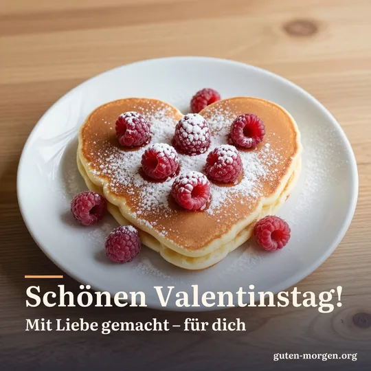 Herzförmige Pfannkuchen mit Himbeeren und Puderzucker auf einem weißen Teller im Morgenlicht; Schrift: „Schönen Valentinstag! Mit Liebe gemacht – für dich“