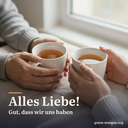 Zwei Paar Hände halten warme Teebecher auf einer Wolldecke im Morgenlicht; Schrift: „Alles Liebe! Gut, dass wir uns haben“