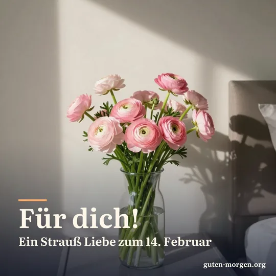 Strauß rosa Ranunkeln in einer Glasvase auf dem Nachttisch im Morgensonnenlicht; Schrift: „Für dich! Ein Strauß Liebe zum 14. Februar“