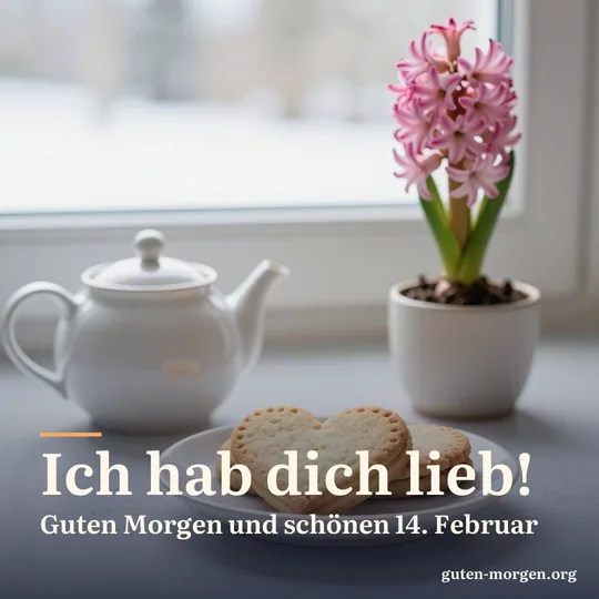 Herzförmiger Mürbeteigkeks auf einem kleinen Teller neben Teekanne und rosa Hyazinthen im Winterlicht; Schrift: „Ich hab dich lieb! Guten Morgen und schönen 14. Februar“