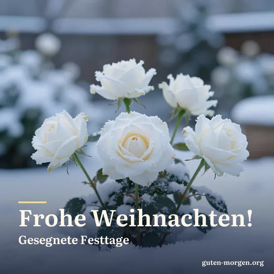 Weiße Christrosen blühen in der Morgendämmerung im frischen Schnee, Nahaufnahme in weichem blauem Licht vor unscharfem Garten; Schrift: „Frohe Weihnachten! Gesegnete Festtage“