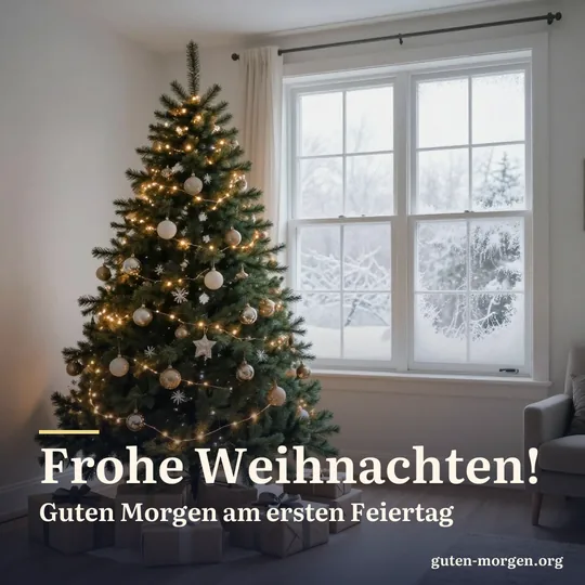 Geschmückter Christbaum mit warmen Lichtern in einem stillen Wohnzimmer am frühen Morgen, darunter Geschenke in schlichtem Papier, Eis am Fenster; Schrift: „Frohe Weihnachten! Guten Morgen am ersten Feiertag“