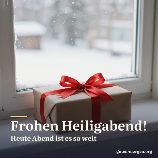 Geschenk in schlichtem braunem Papier mit roter Schleife auf einer Fensterbank, draußen fällt Schnee im Morgenlicht; Schrift: „Frohen Heiligabend! Heute Abend ist es so weit“