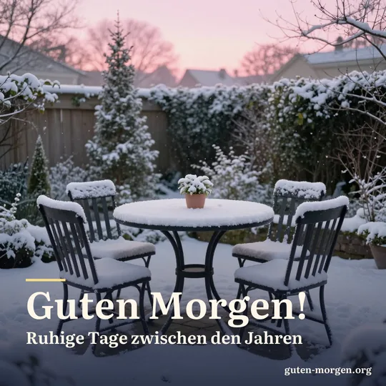 Frischer Schnee auf einem runden Gartentisch mit zwei leeren Stühlen bei Sonnenaufgang, ein stiller Garten in zartrosa Licht; Schrift: „Guten Morgen! Ruhige Tage zwischen den Jahren“