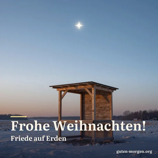Schlichter Holzstall auf einem verschneiten Feld in der Morgendämmerung unter einem hellen Morgenstern, sanftes blaues und goldenes Licht; Schrift: „Frohe Weihnachten! Friede auf Erden“