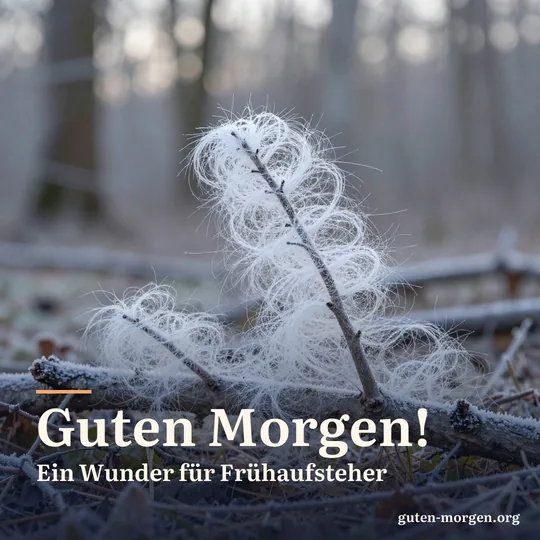 Feines weißes Haareis wächst in seidigen Locken aus einem toten Ast am Waldboden; Schrift: „Guten Morgen! Ein Wunder für Frühaufsteher“