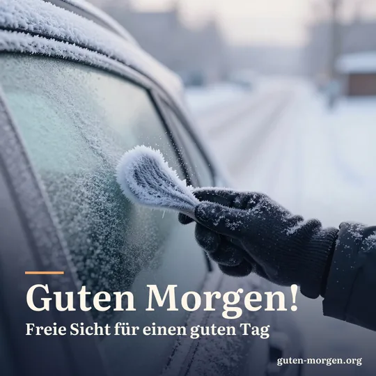 Eine Hand im Wollhandschuh kratzt im Morgengrauen das Eis von einer Autoscheibe; Schrift: „Guten Morgen! Freie Sicht für einen guten Tag“