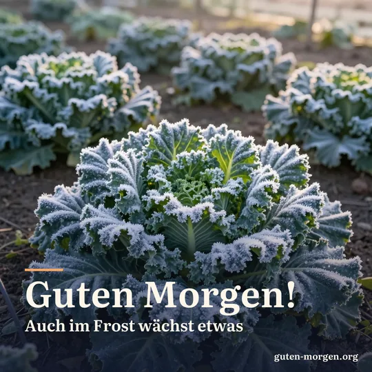 Bereifter Grünkohl im winterlichen Gemüsegarten bei Sonnenaufgang, Eiskristalle an den Blatträndern; Schrift: „Guten Morgen! Auch im Frost wächst etwas“