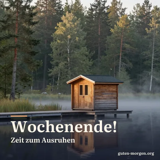 Kleine hölzerne Saunahütte am Ufer eines stillen Waldsees im Morgennebel, ein kurzer Steg führt ins Wasser, erstes Sonnenlicht zwischen den Kiefern; Schrift: „Wochenende! Zeit zum Ausruhen“