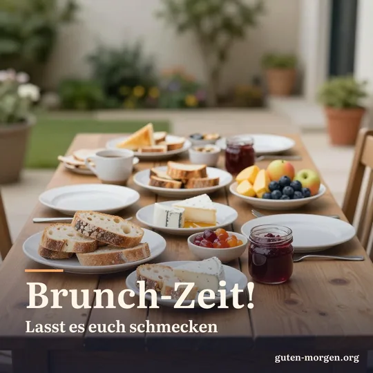 Gedeckter Brunch-Tisch aus Holz in einem sonnigen Innenhof mit Brot, Käse, Obst und Gläsern voller Marmelade; Schrift: „Brunch-Zeit! Lasst es euch schmecken“