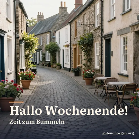 Stille Gasse mit Kopfsteinpflaster in einer Altstadt, Blumentöpfe und leere Bistrostühle in der Morgensonne; Schrift: „Hallo Wochenende! Zeit zum Bummeln“