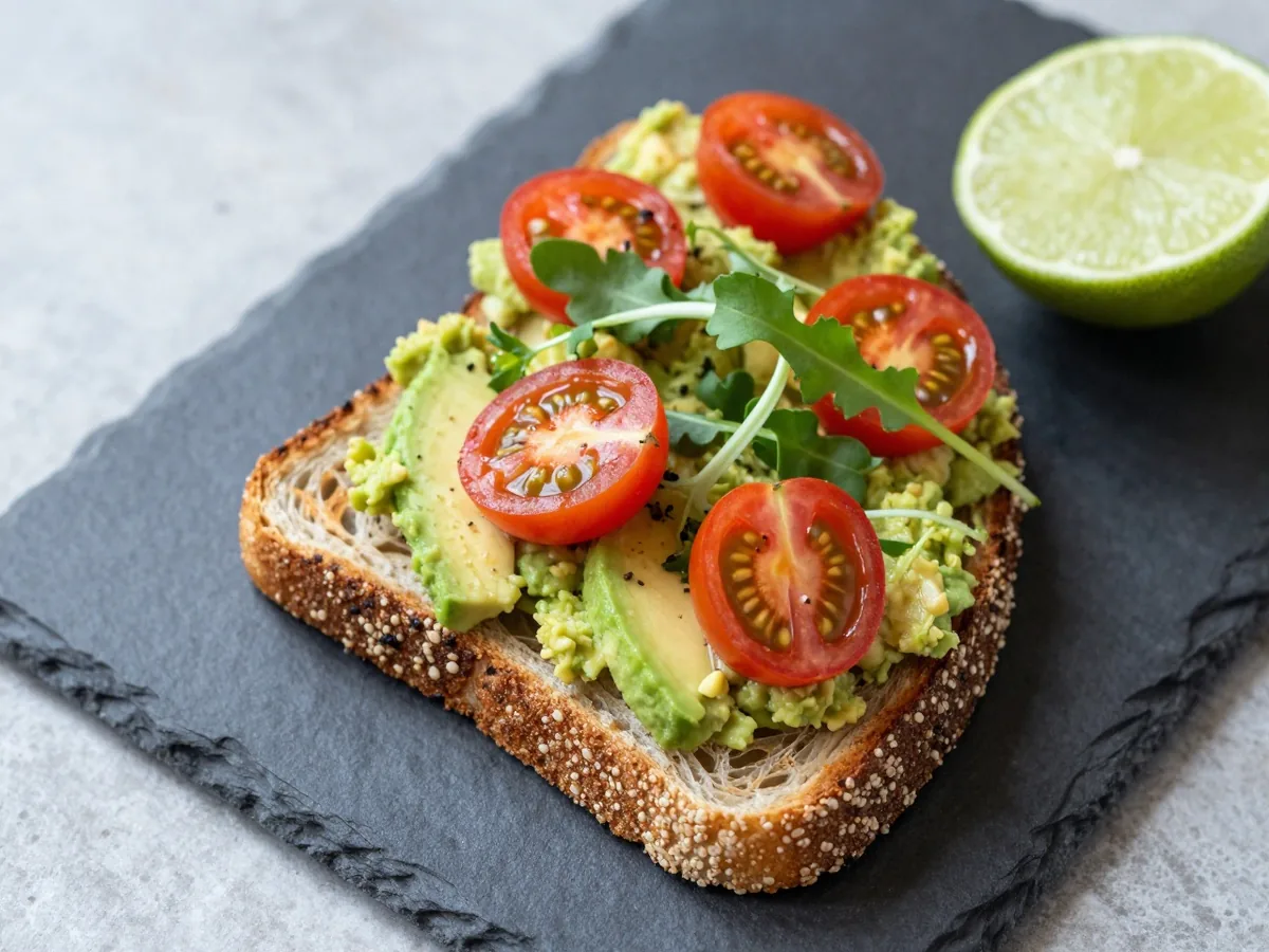 Geröstetes Vollkornbrot mit zerdrückter Avocado, halbierten Kirschtomaten und Kresse auf einer Schieferplatte, daneben eine halbe Limette