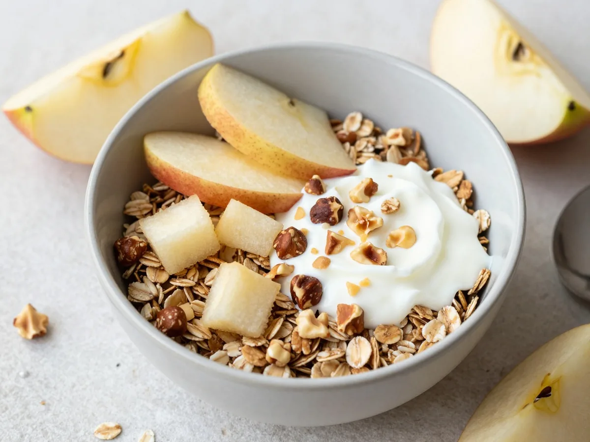 Schale Bircher-Müsli mit geriebenem Apfel, Haferflocken, Joghurt und gehackten Haselnüssen, daneben Apfelspalten auf einem hellen Steintisch