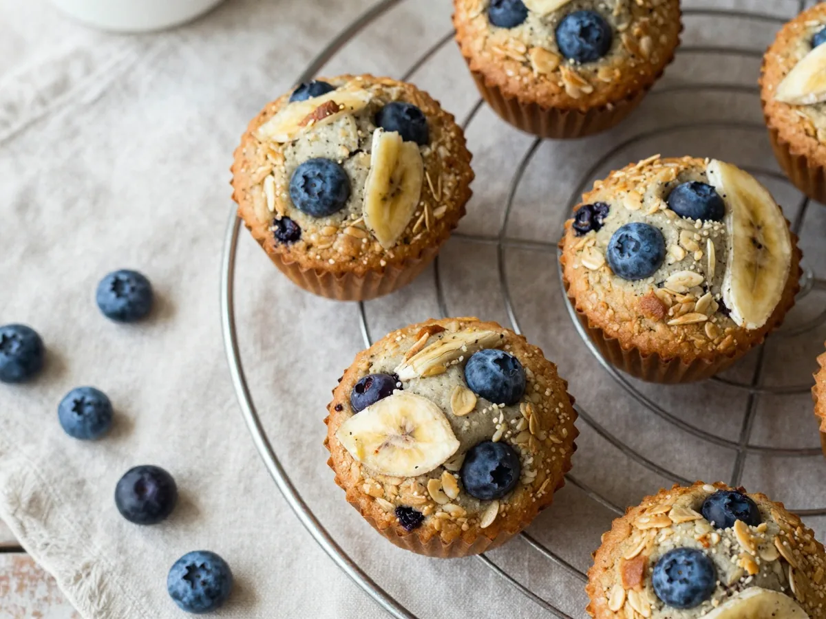Selbst gebackene Bananen-Hafer-Muffins mit Heidelbeeren auf einem Kuchengitter, dazwischen frische Heidelbeeren auf einem Leinentuch