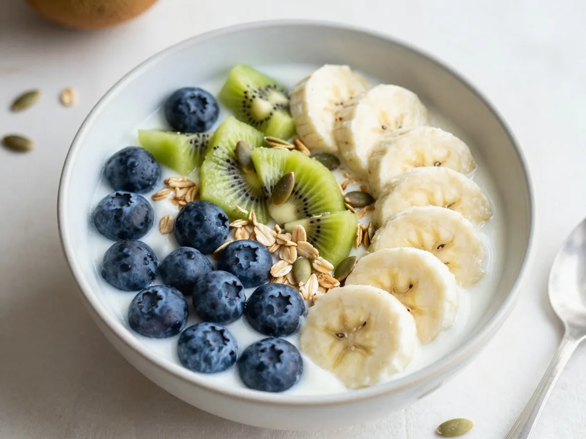 Schale mit Naturjoghurt, Bananenscheiben, Kiwiwürfeln, Heidelbeeren, Haferflocken und Kürbiskernen, von oben fotografiert