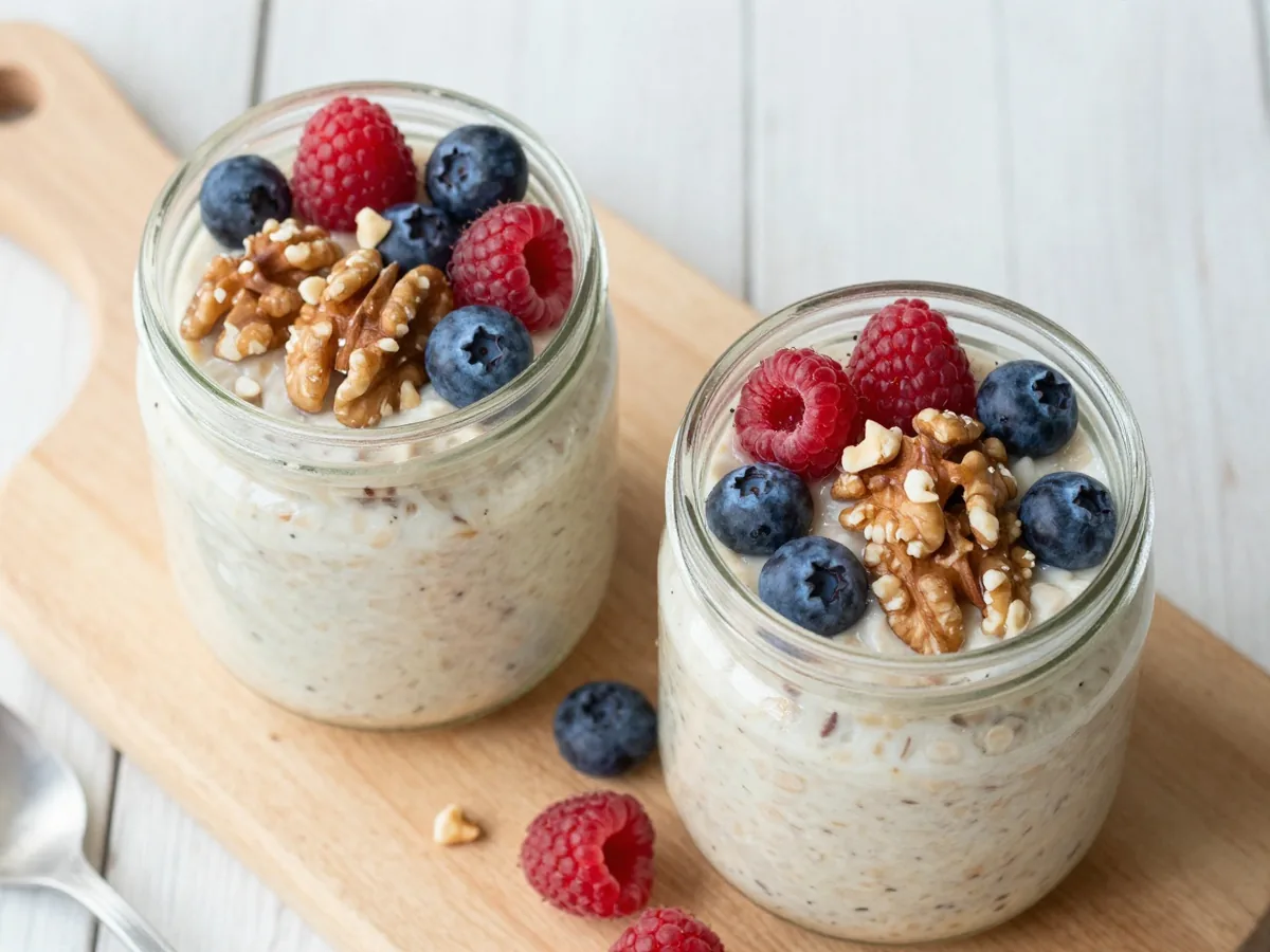Zwei Schraubgläser mit Overnight Oats, belegt mit Heidelbeeren, Himbeeren und gehackten Walnüssen, auf einem hellen Holzbrett