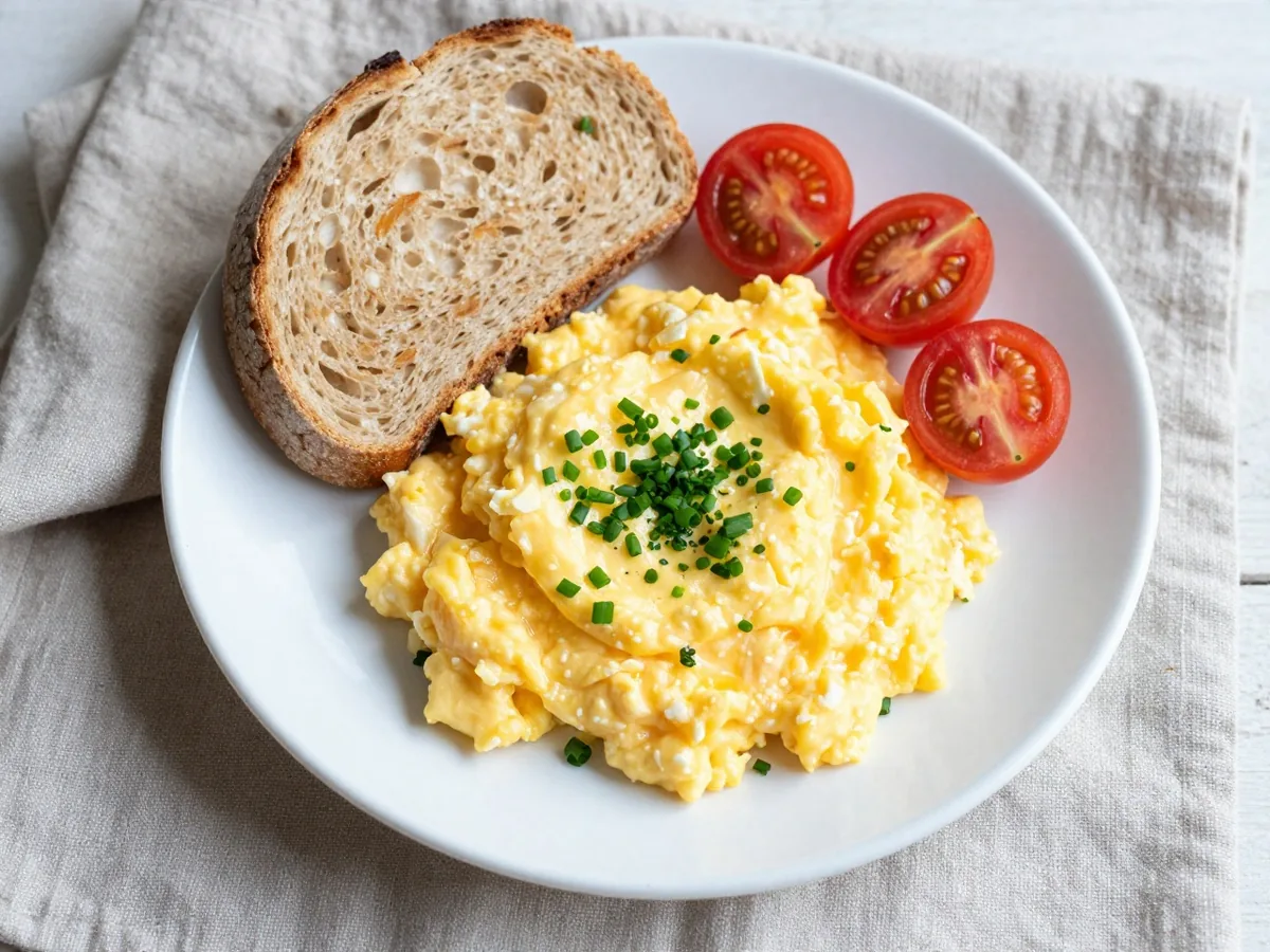 Cremiges Rührei mit Schnittlauch und Petersilie auf einem weißen Teller, daneben eine Scheibe Vollkornbrot und halbierte Kirschtomaten