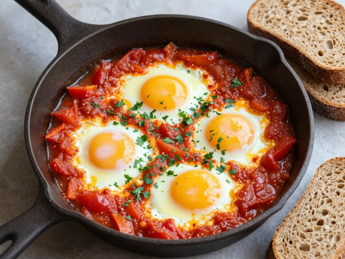 Shakshuka in einer gusseisernen Pfanne: Eier in roter Tomaten-Paprika-Soße mit Petersilie, daneben Brot