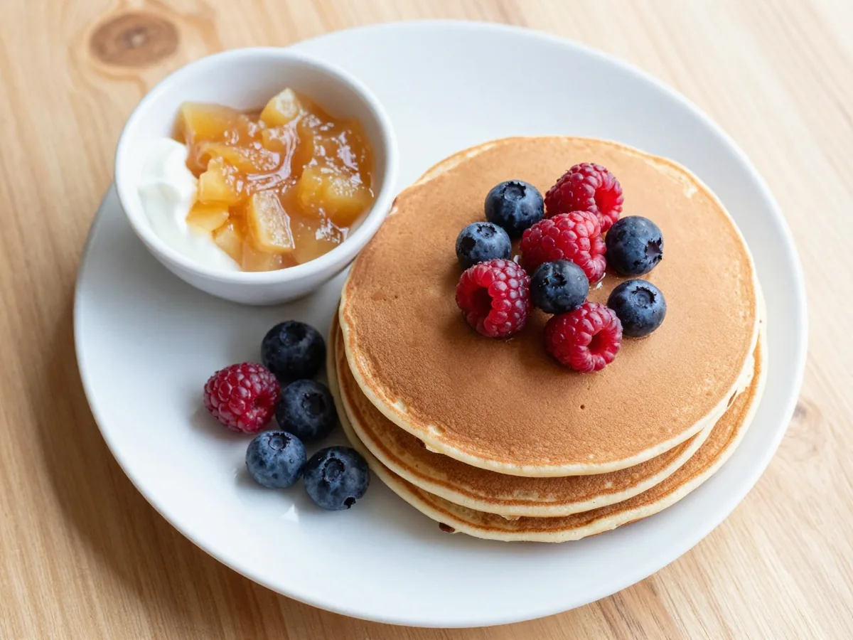 Stapel dünner Vollkorn-Pfannkuchen mit frischen Beeren, daneben ein Schälchen Apfelmus auf einem hellen Holztisch