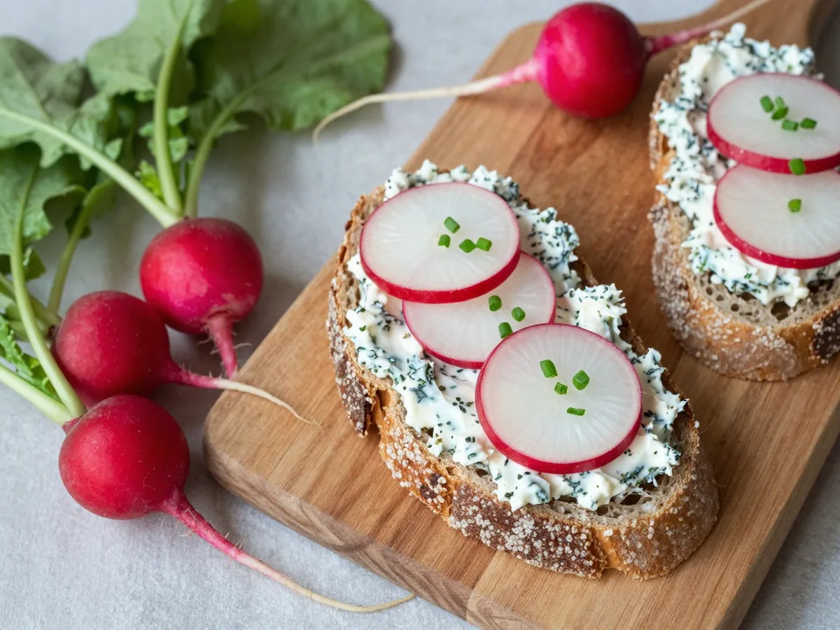 Vollkornbrotscheiben mit Kräuterquark, dünnen Radieschenscheiben und Schnittlauch auf einem Holzbrett, daneben ganze Radieschen mit Grün